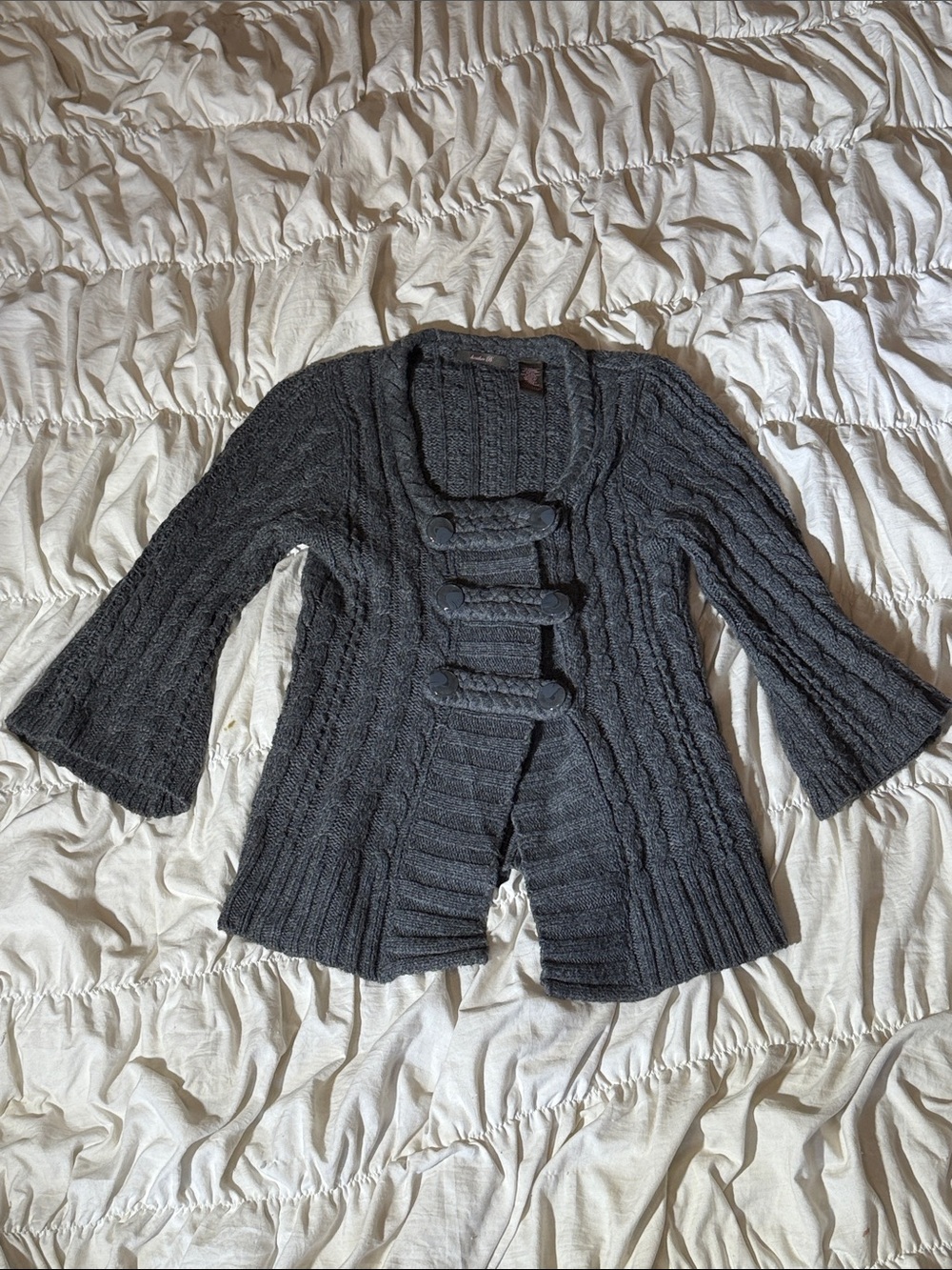 Cable-Knit Open-Front Cardigan Sweater in Charcoal Gray